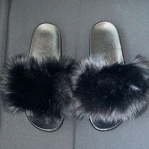 Black Furry Slides